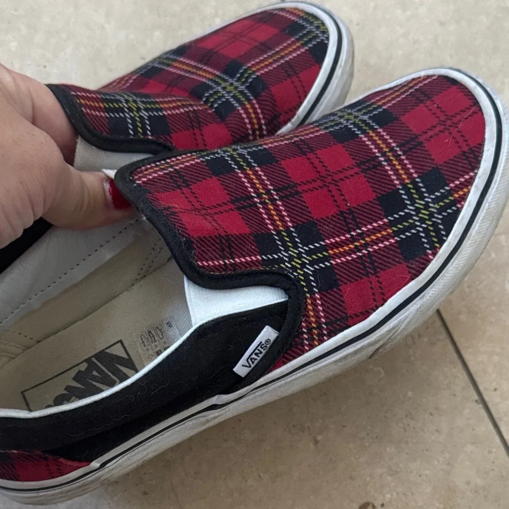 Vans Red and Black Plaid Slip-On Sneakers - Picture 4 of 6
